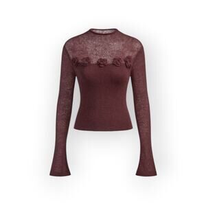 Commense Burgundy Floral Appliqué Knit Top XL Sheer Mohair Blend Romantic Indie